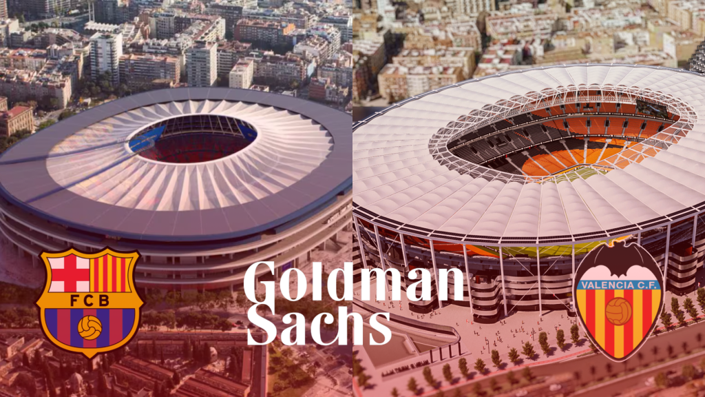 Montaje del nuevo Camp Nou, el Nou Mestalla, los escudos del Barça y el Valencia, y el logotipo de Goldman Sachs
