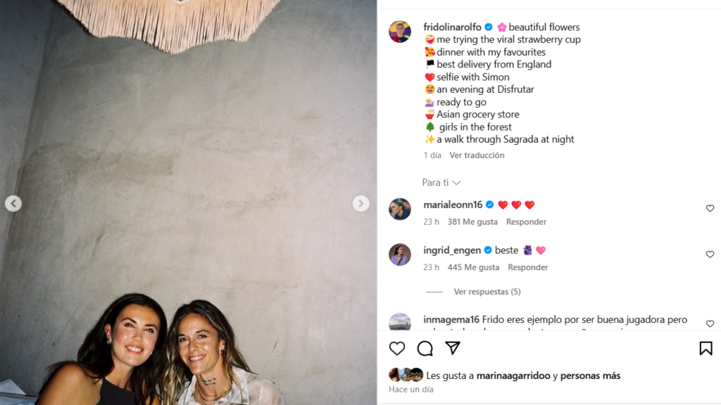 Ingrid Engen y Mapi León, juntas en una instantánea compartida por Frido Rolfö