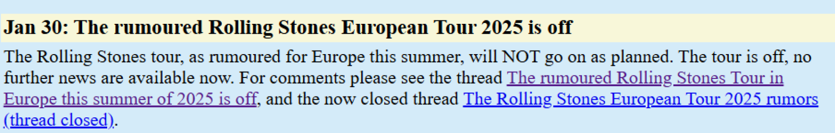 La noticia en un foro que anuncia la cancelación de la gira por Europa de los Rolling Stones