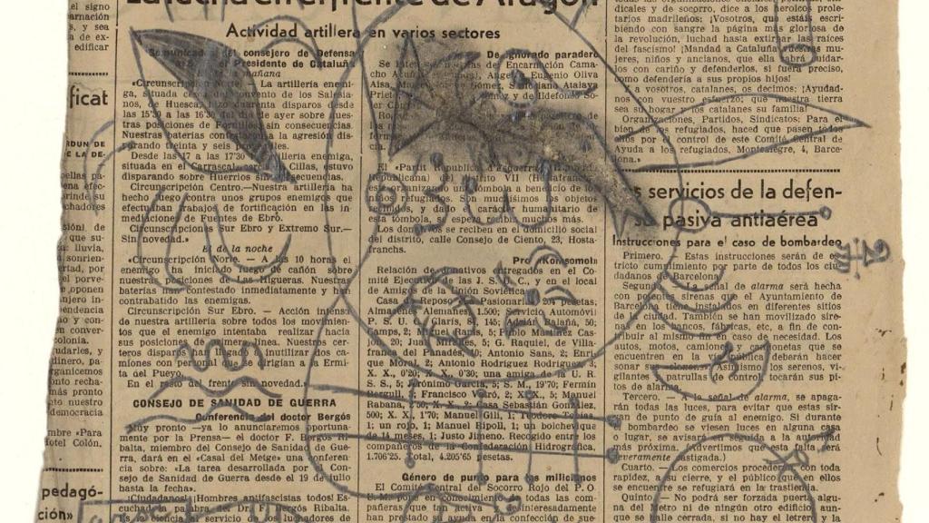 Miró dibuja su figura en un artículo de La Vanguardia con noticias sobre la Guerra Civil