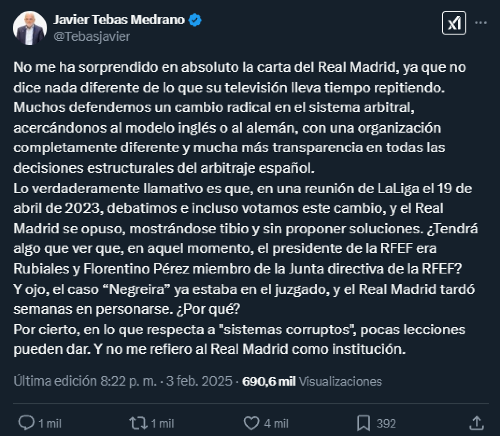 Javier Tebas, presidente de la Liga, condena el comunicado del Real Madrid