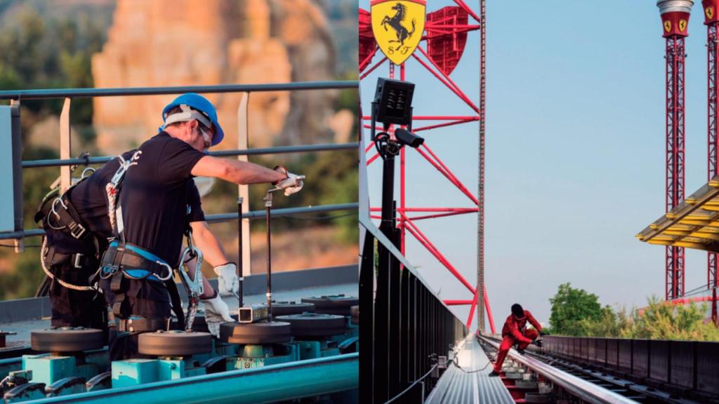 Operarios ejecutan tareas de mantenimiento de las atracciones Shambala (izquierda) y  Red Force (derecha)