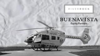Un helicóptero medicalizado del SEM y los logos de los fondos Buenavista y RiverRock