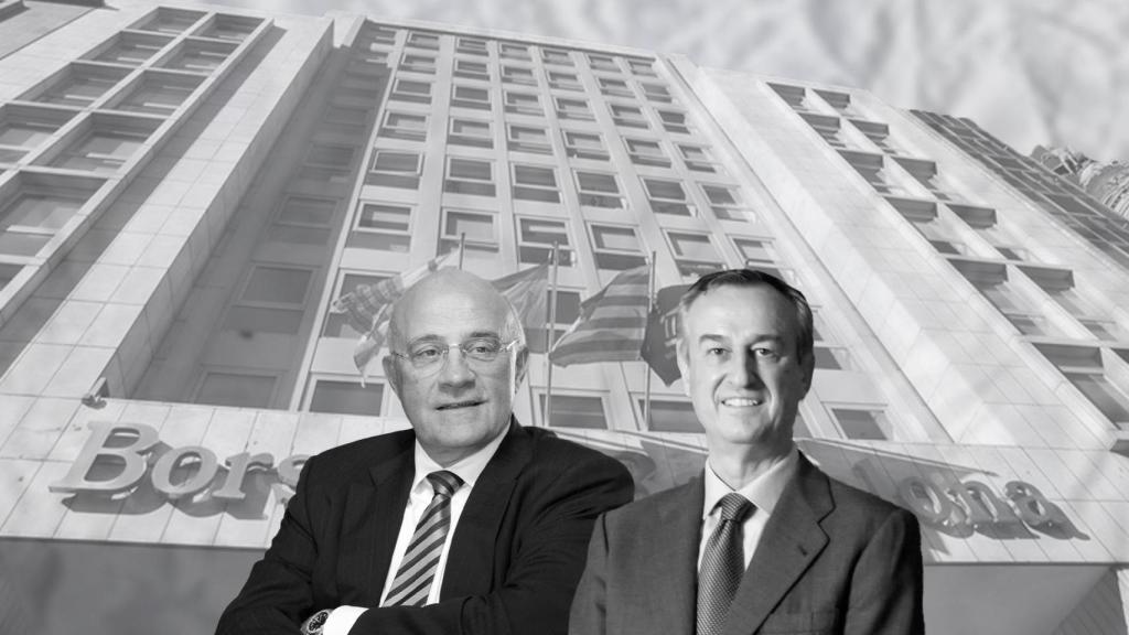 El presidente de Banco Sabadell, Josep Oliu (izq.), y el consejero delegado, César González-Bueno, con la Bolsa de Barcelona al fondo / CG
