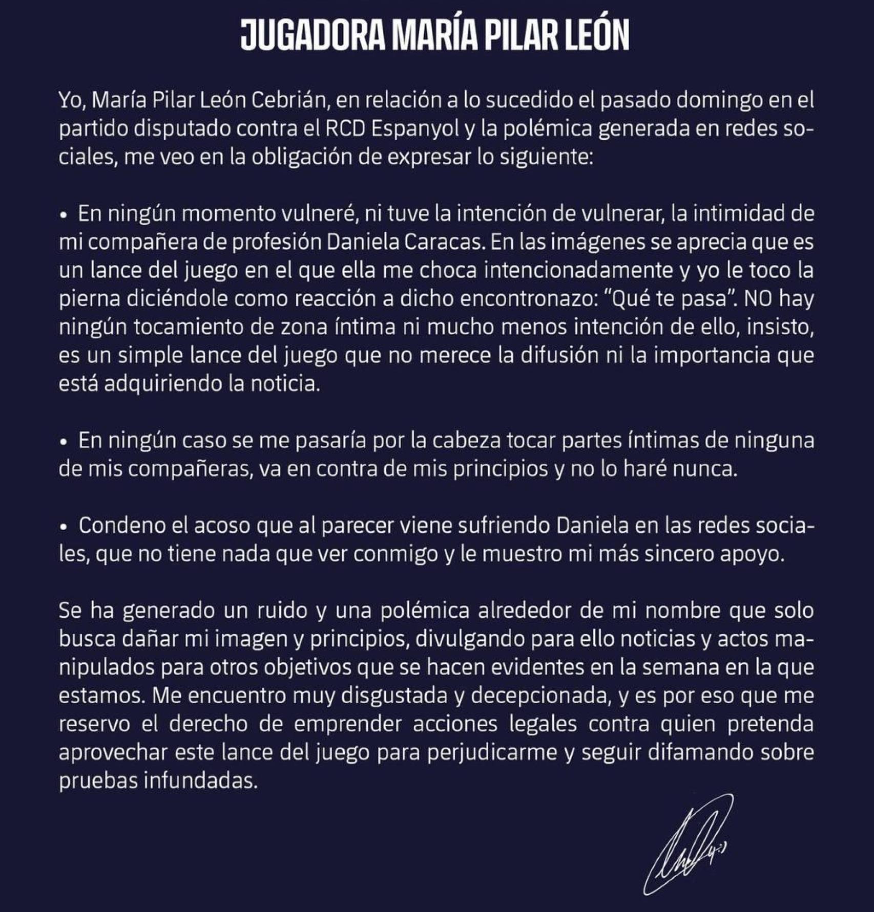 Declaración de Mapi León tras el presunto tocamiento a Daniela Caracas, jugadora del RCD Espanyol