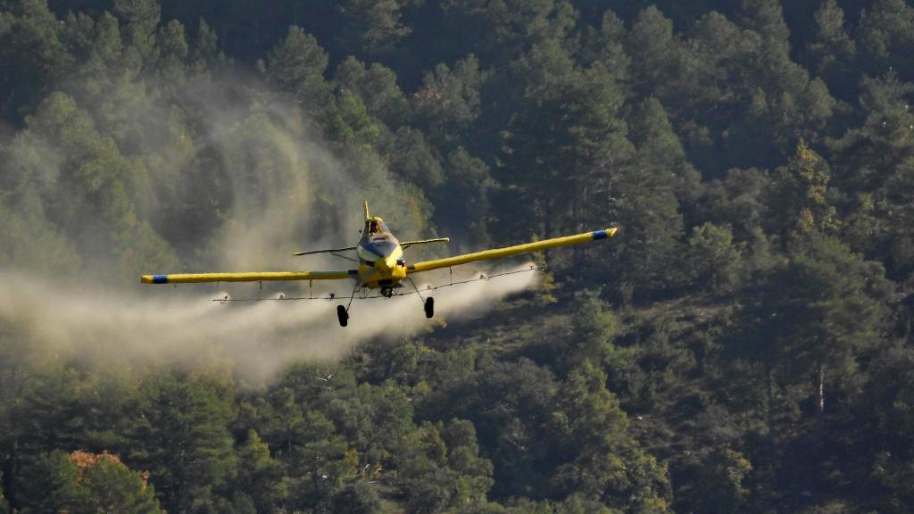 Imagen de archivo de una avioneta que trabaja para reducir la plaga de la procesionaria