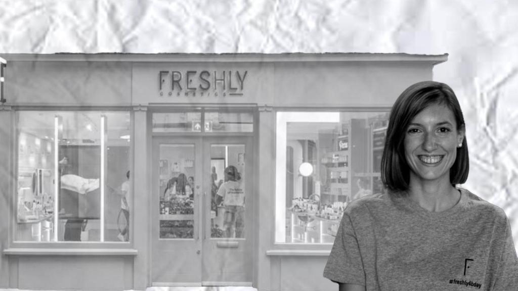 Fotomontaje con la imagen de Mireia Trepat y una tienda de Freshly Cosmetics
