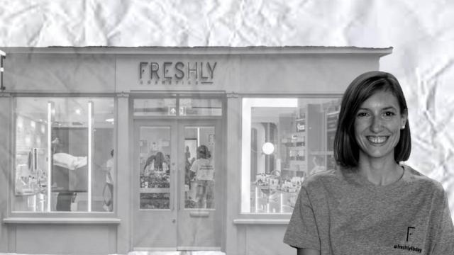 Fotomontaje con la imagen de Mireia Trepat y una tienda de Freshly Cosmetics