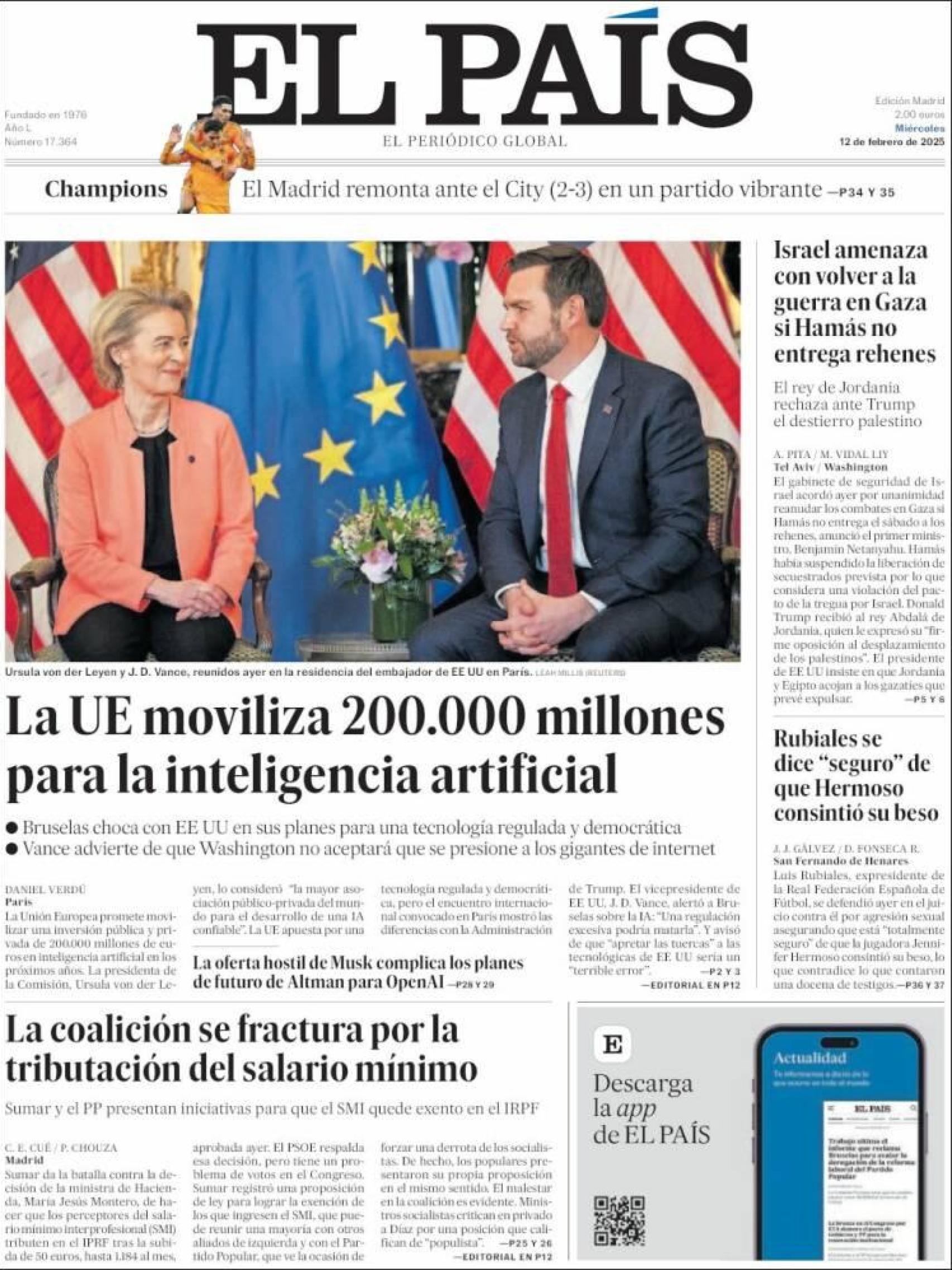 Portada del diario 'El País' a miércoles 12 de febrero