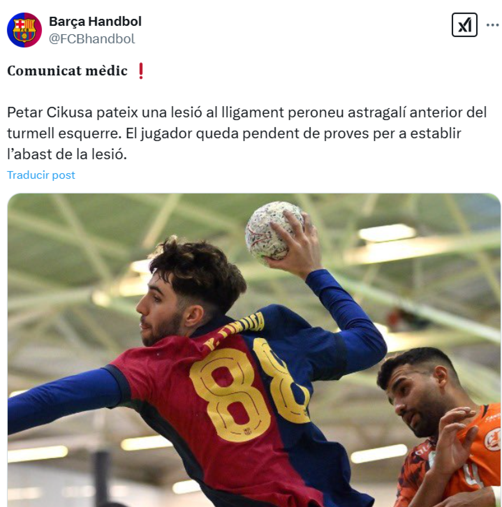 El Barça de balonmano comunica la lesión de Petar Cikusa en la final de la Copa de España