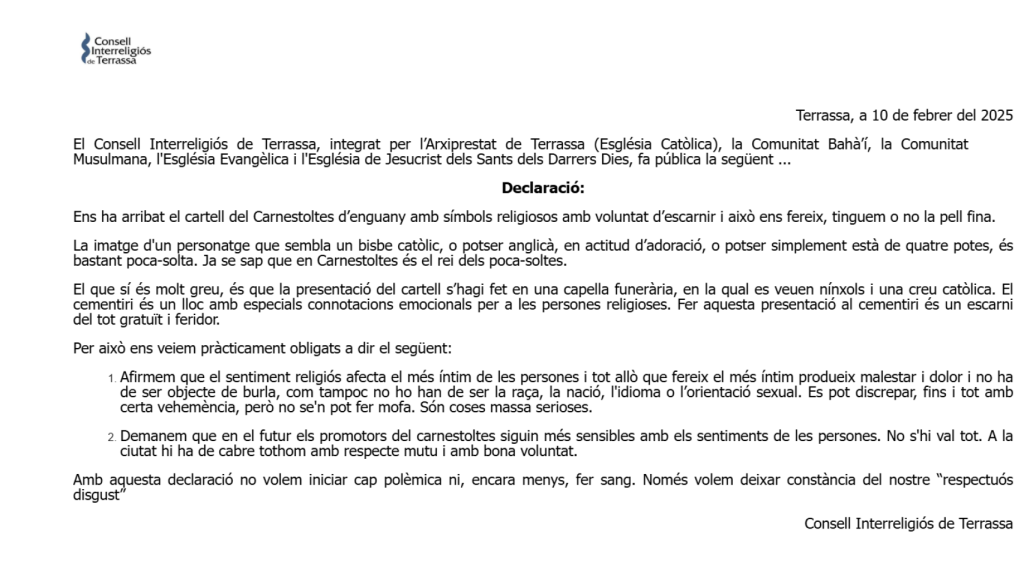 Comunicado del Consell Interreligiós de Terrassa