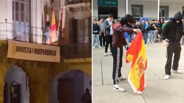 A la izquierda, un CDR subiéndose al balcón del Ayuntamiento de Vic para quitar la bandera española en 2022; a la derecha, dos estudiantes rompiéndola esta semana en la UPF