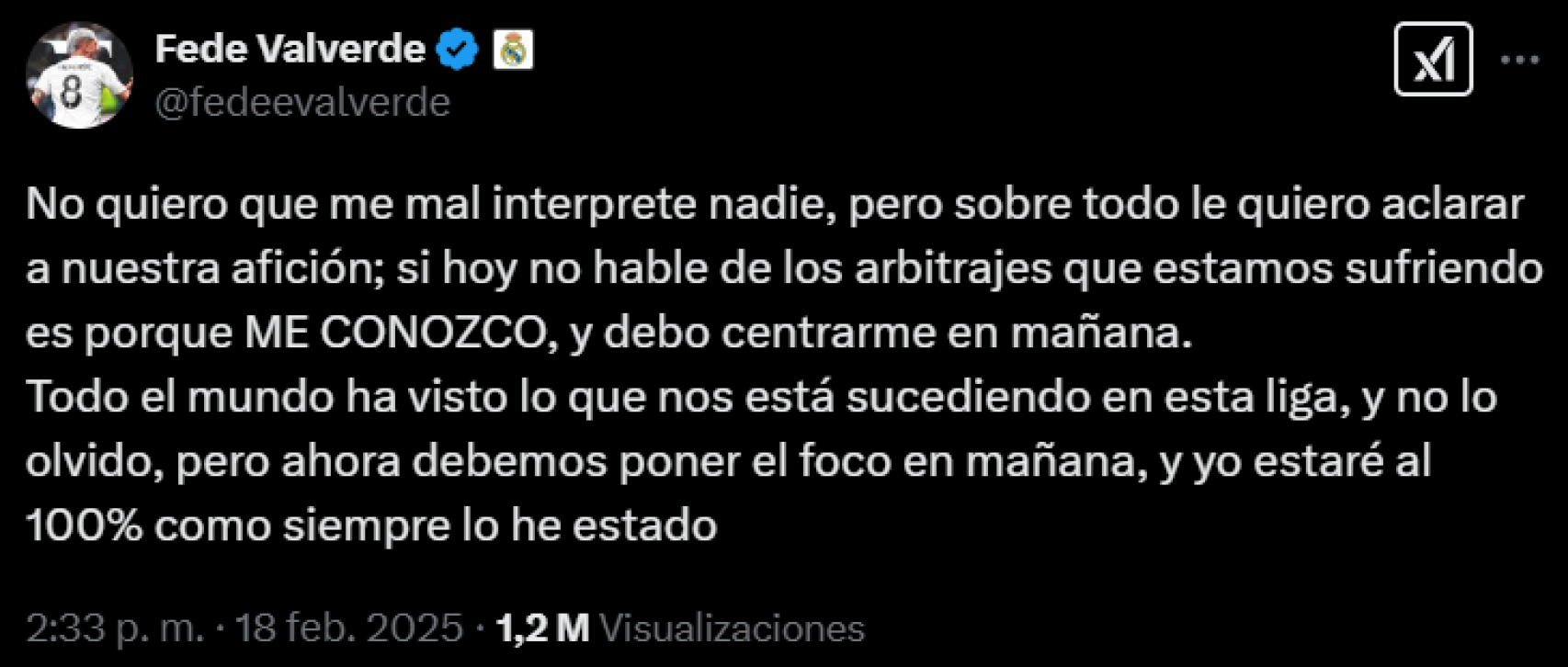 Tuit de Fede Valverde atizando a los árbitros antes del Real Madrid-Manchester City