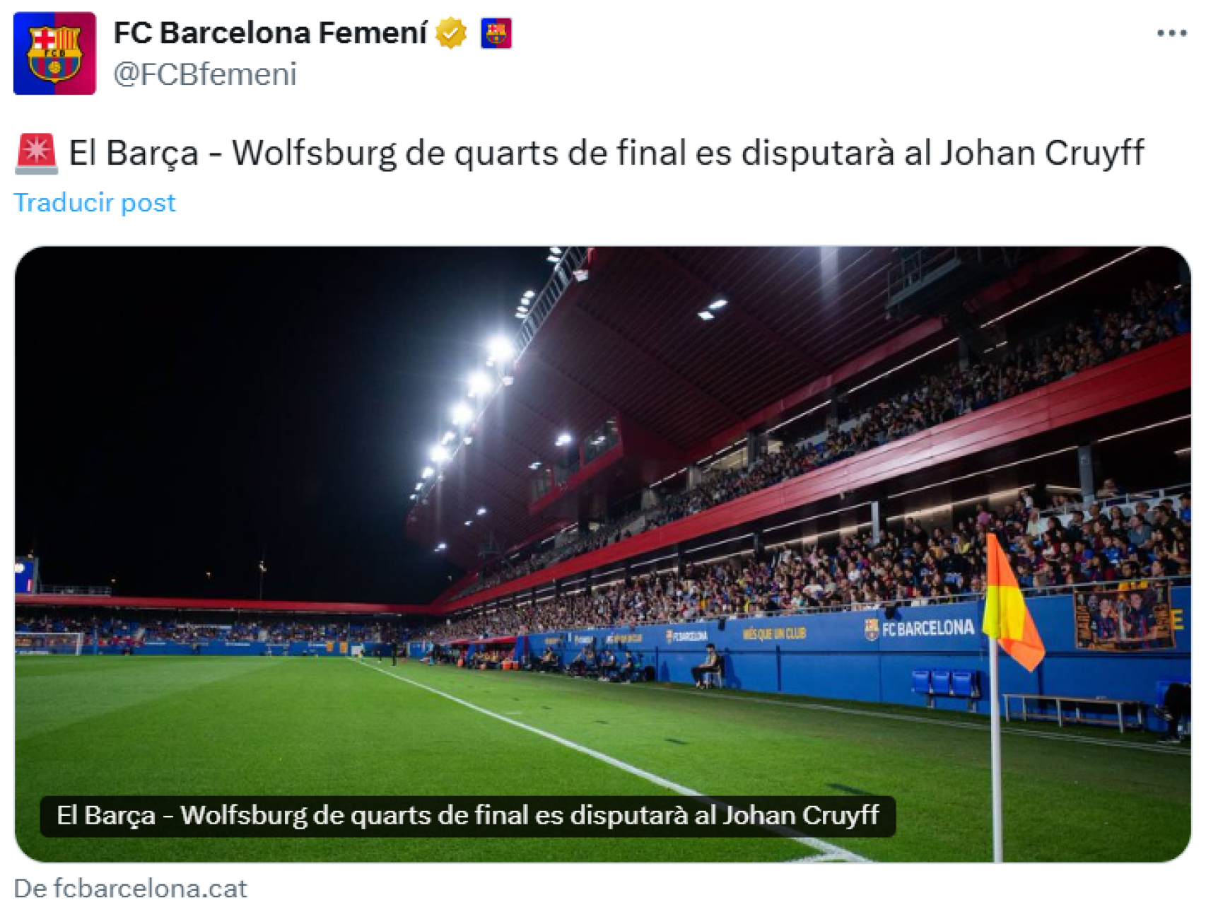 El Barça Femenino comunica que el partido contra el Wolfsburgo no tendrá lugar en Montjuïc, sino en el Estadi Johan Cruyff