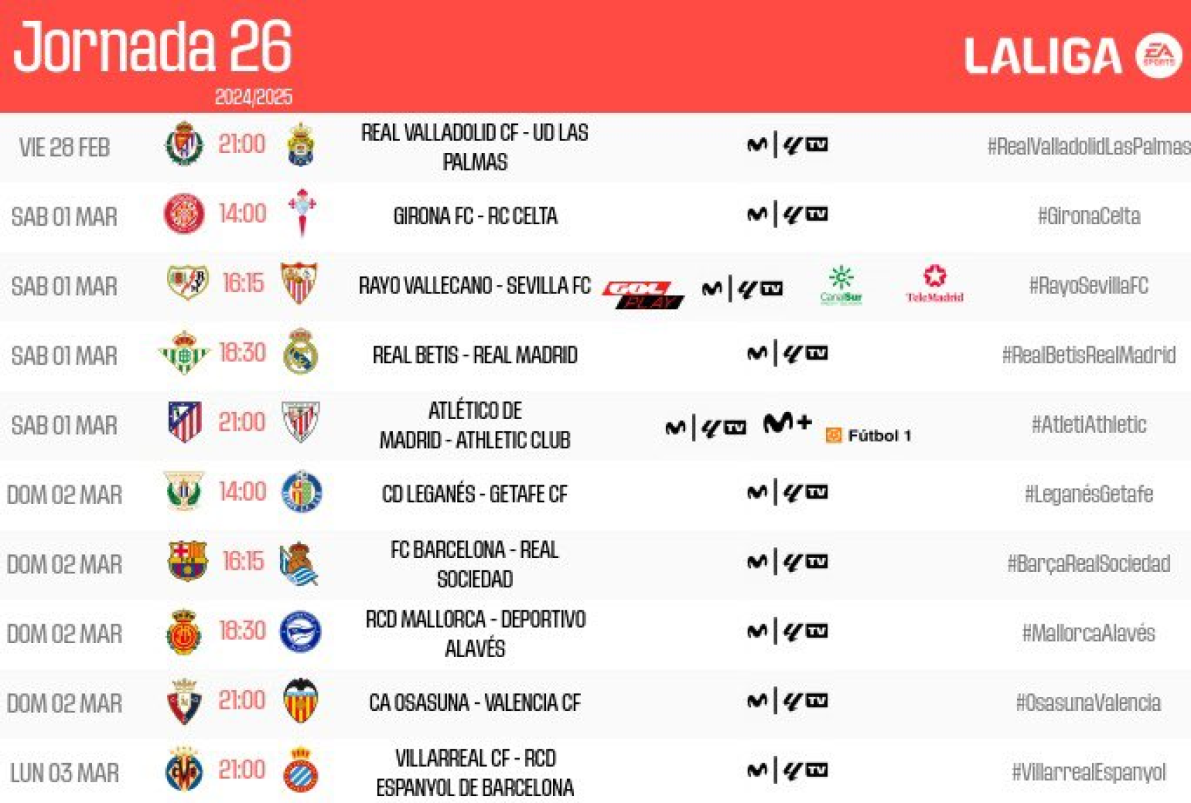 El nuevo horario de la Liga para la jornada 26