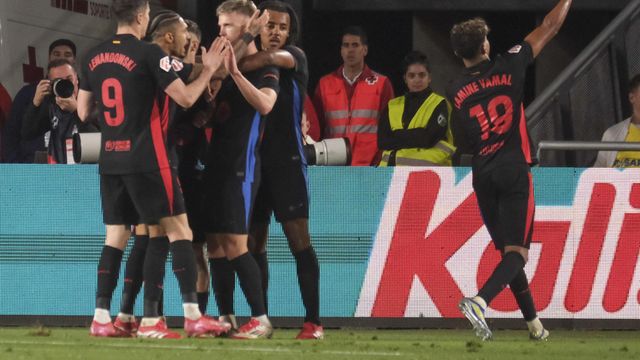 El Barça celebra el gol de Dani Olmo contra Las Palmas