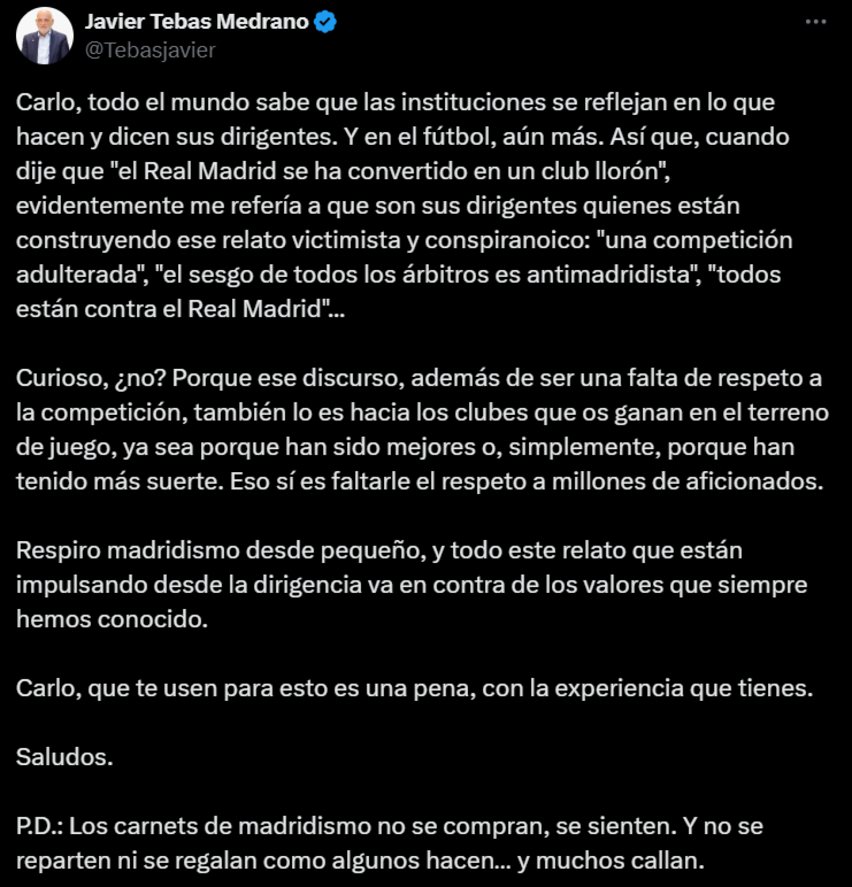 Contestación de Javier Tebas a Carlo Ancelotti en Twitter