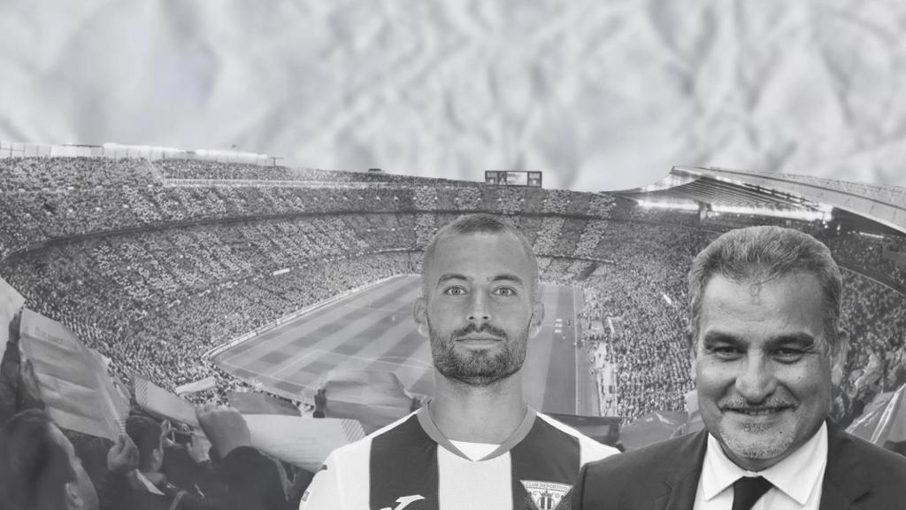 Fotomontaje de Enric Franquesa y Joan Franquesa con el Camp Nou de fondo