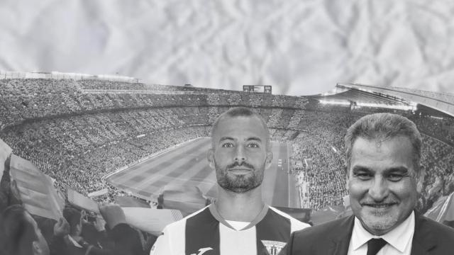 Fotomontaje de Enric Franquesa y Joan Franquesa con el Camp Nou de fondo