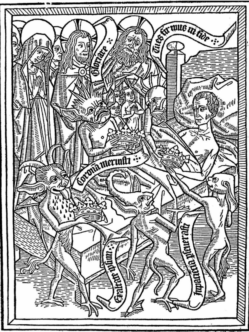 Las tentaciones del moribundo de acuerdo con el Ars moriendi. Países Bajos(1460).
