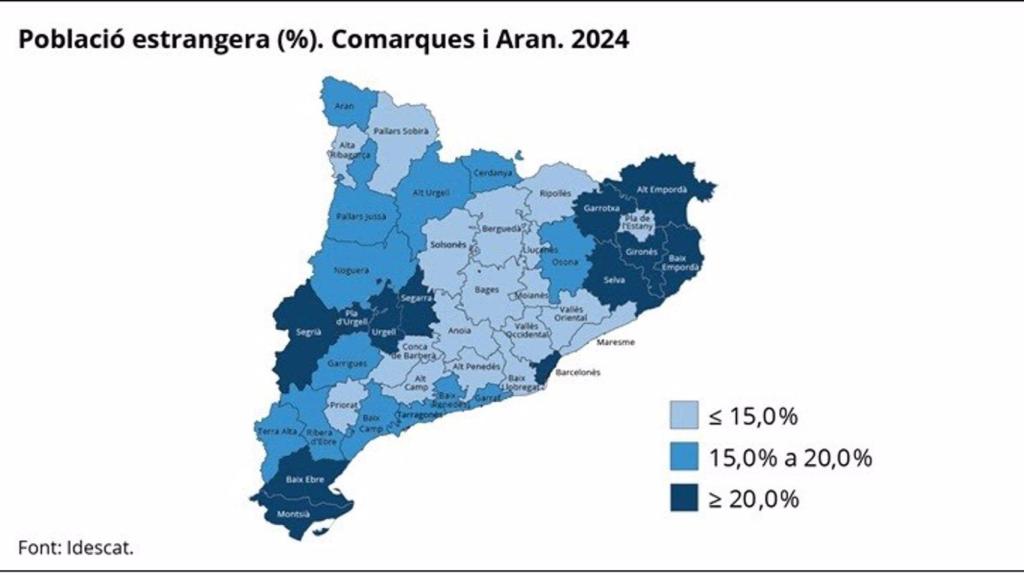 Mapa del porcentaje de población extranjera según comarca