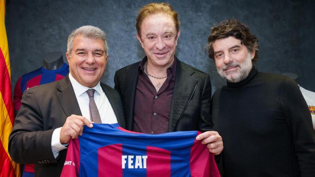 Joan Laporta, junto a Juli Guiu, en el anuncio de un nuevo patrocinador del Barça