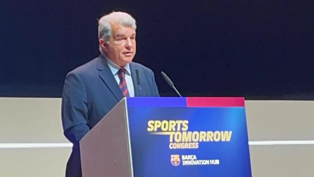 Joan Laporta, presidente del Barça, durante su discurso en el Mobile World Congress