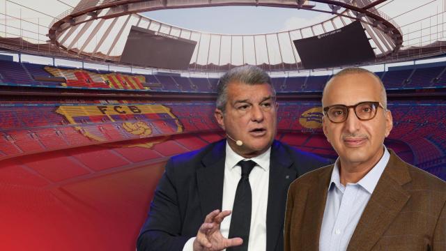 Joan Laporta, junto al Sultan bin Jassim Al Thani, en un fotomontaje con el Camp Nou