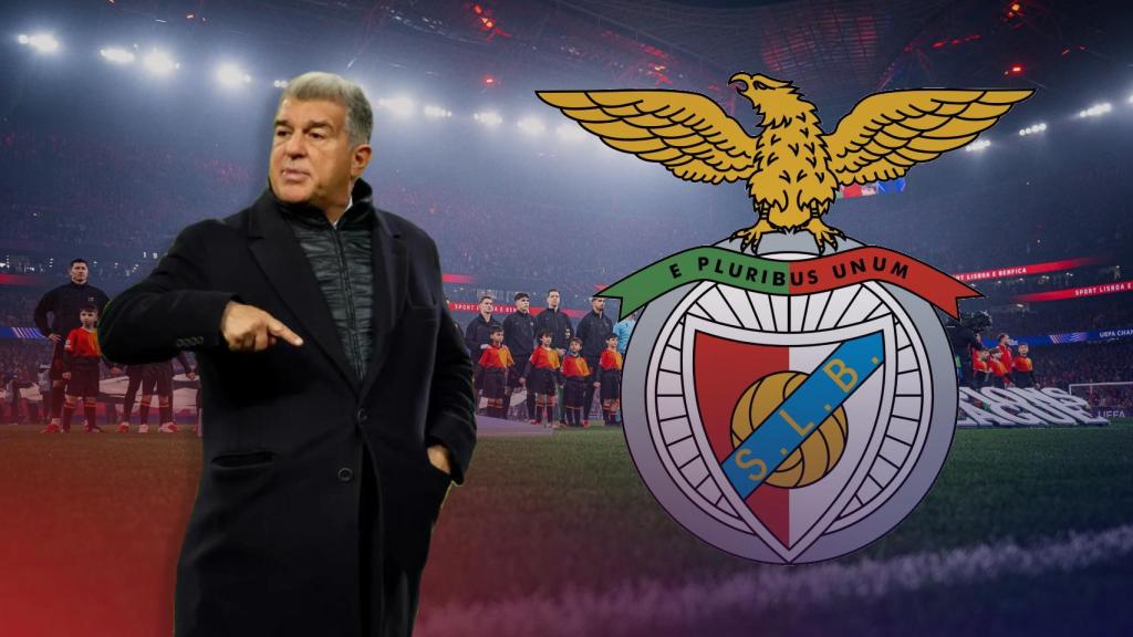 Joan Laporta, presidente del Barça, en un fotomontaje con el escudo oficial del Benfica