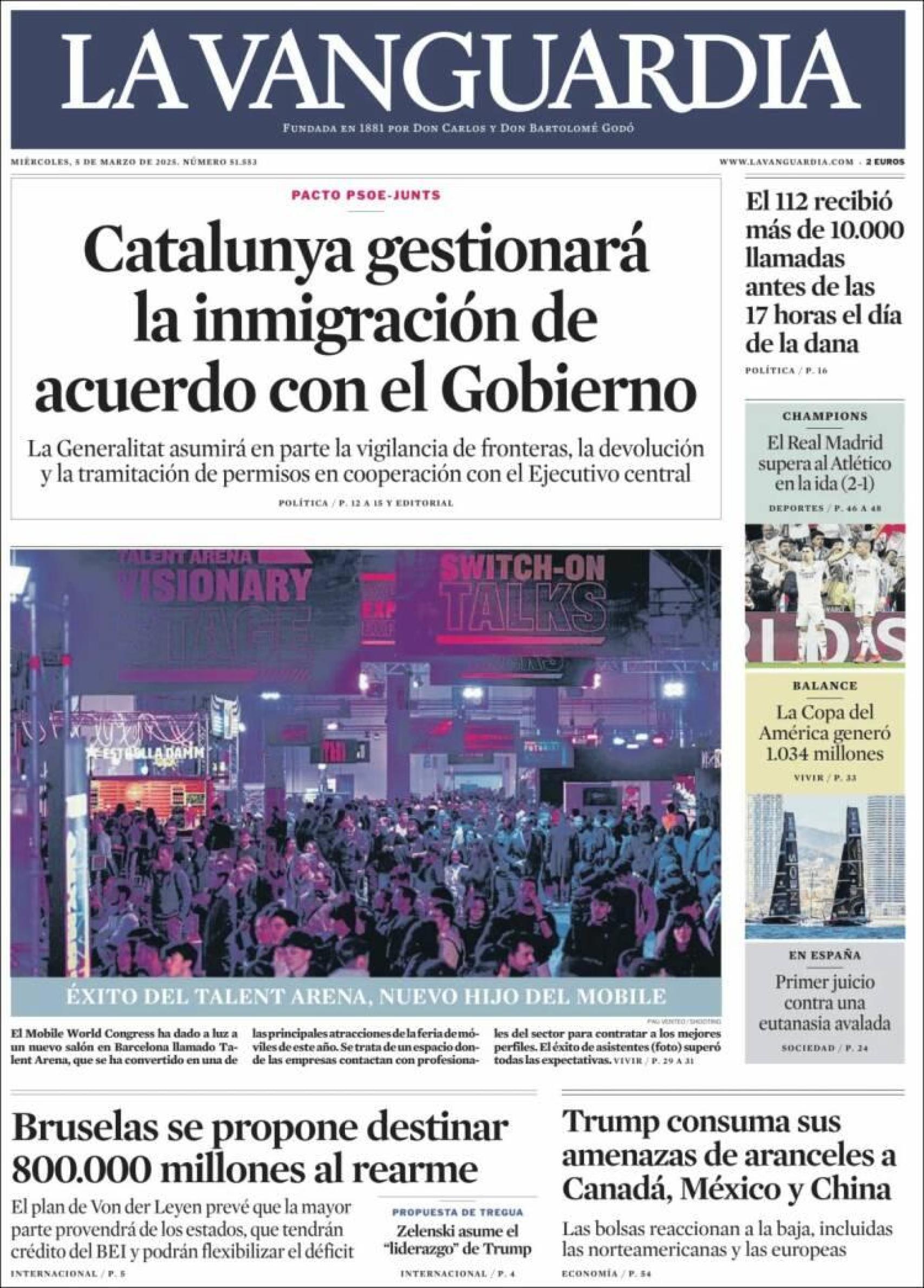 Portada de 'La Vanguardia' a miércoles 5 de marzo de 2025