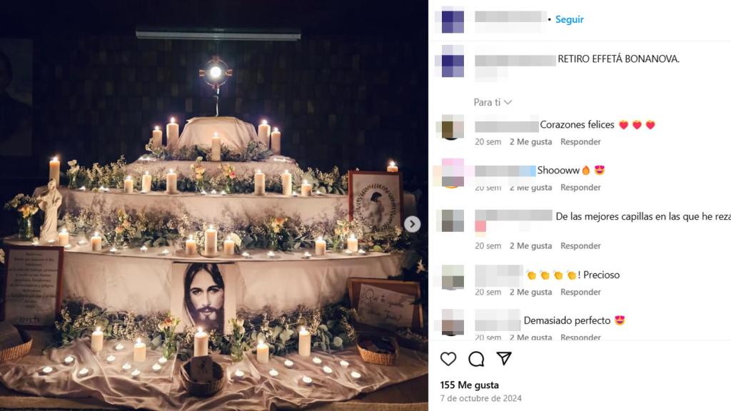 Captura de pantalla de una publicación de Instagram en la que se muestra un altar con el Santísimo Expuesto en un retiro de Effetá en Cataluña