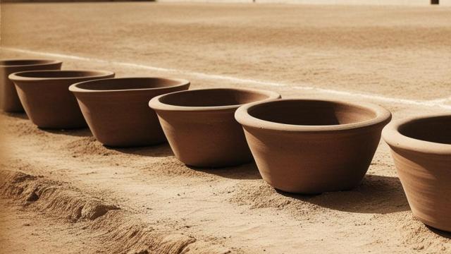 Seis palanganas en un campo de fútbol