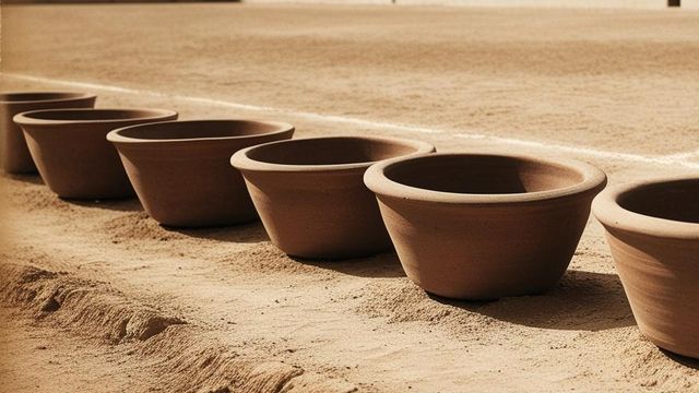 Seis palanganas en un campo de fútbol