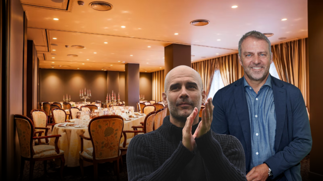 Hansi Flick y Pep Guardiola con un restaurante de fondo