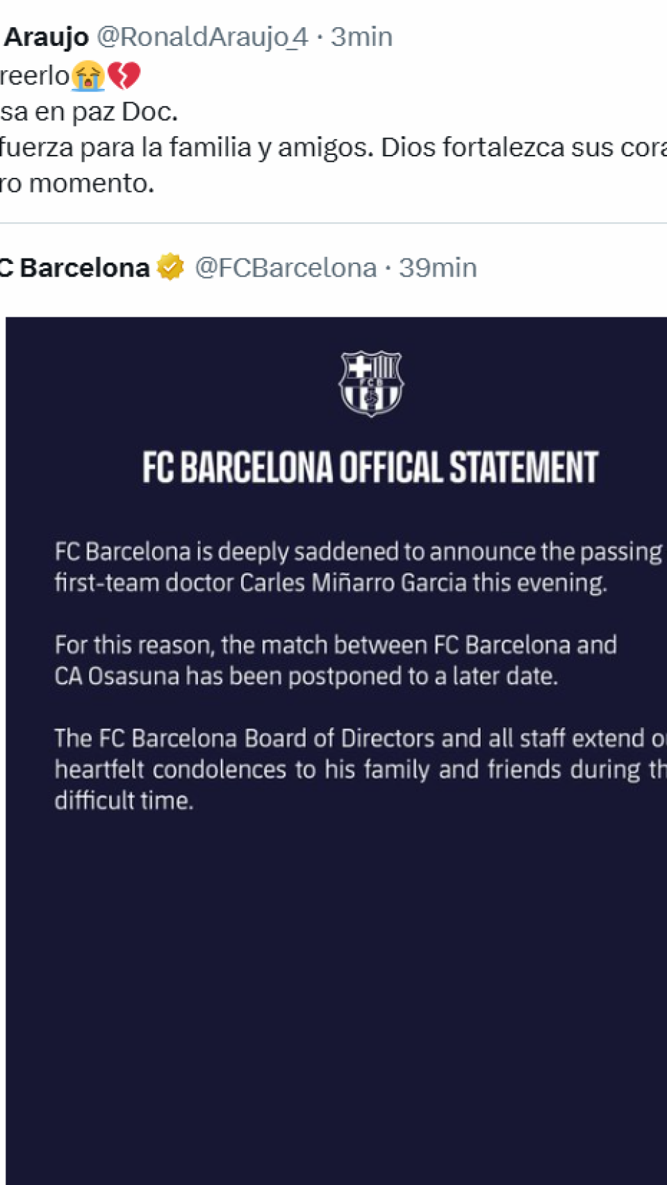 Ronald Araujo lamenta la muerte del doctor Carles Miñarro