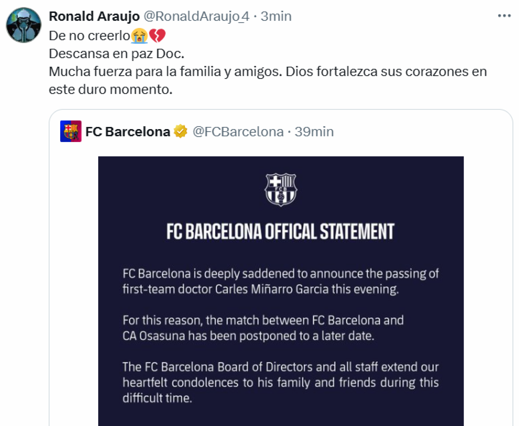 Ronald Araujo lamenta la muerte del doctor Carles Miñarro