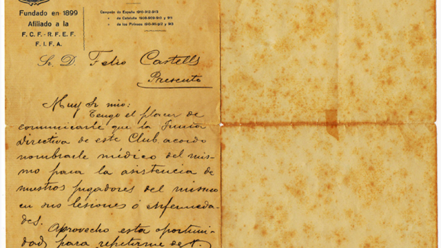 Carta de contratación de Castells como médico del Barça