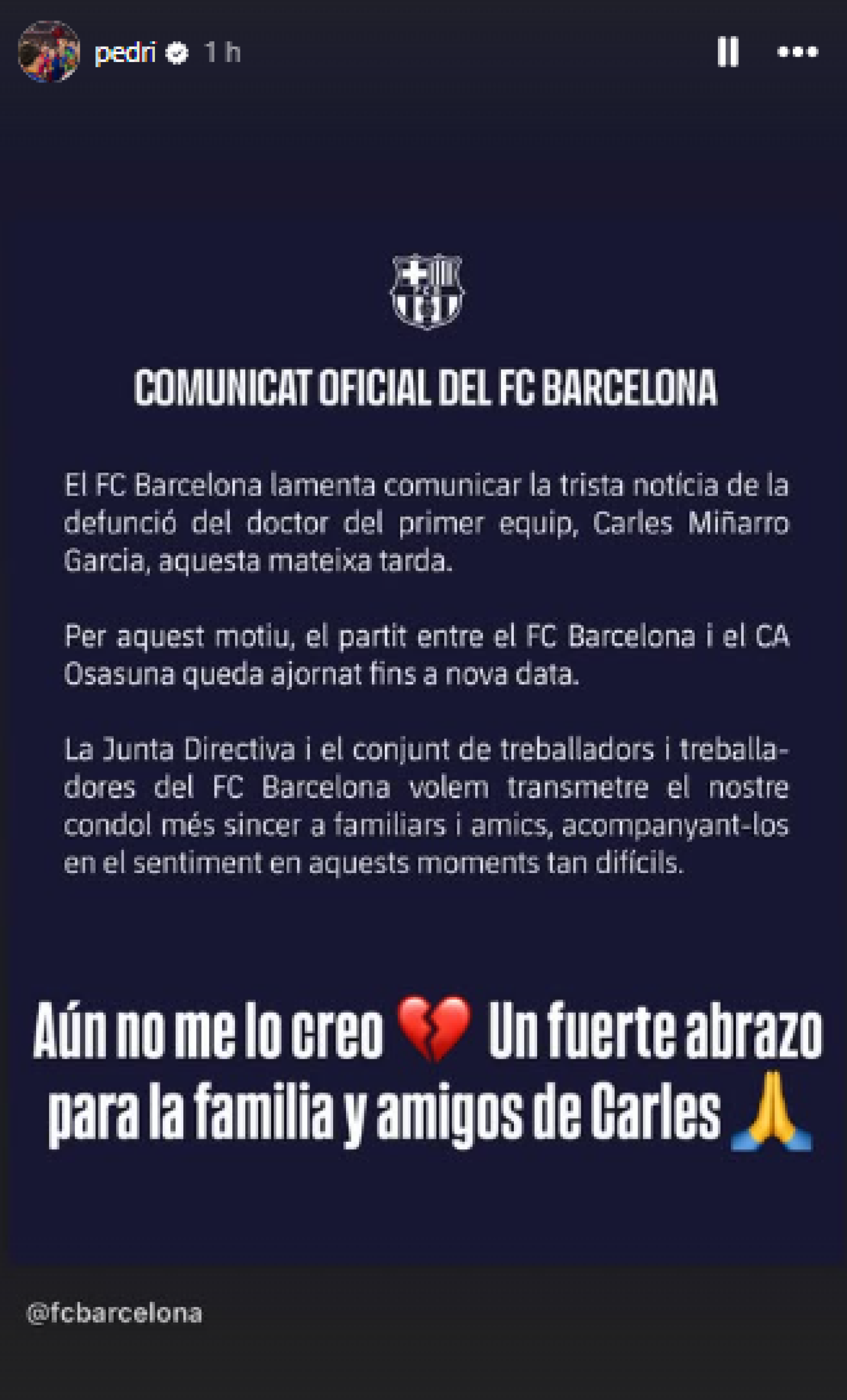 La reacción de Pedri al fallecimiento de Carles Miñarro
