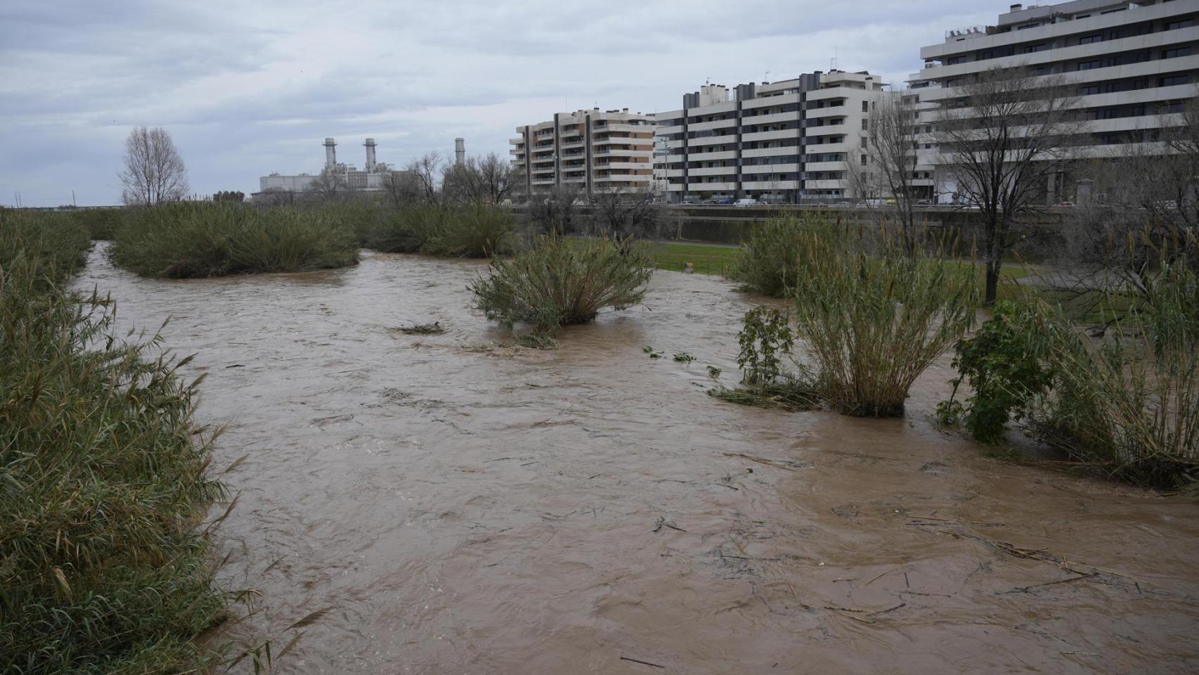 Vista de la desembocadura del río Besòs tras el cierre del Parque Fluvial del Besós por riesgo de inundación