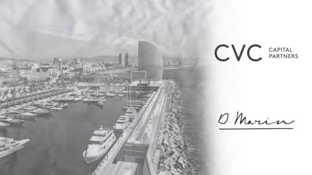 Lo logos del fondo CVC y D-Marin y Marina Vela Barcelona, con el W Hotel de fondo