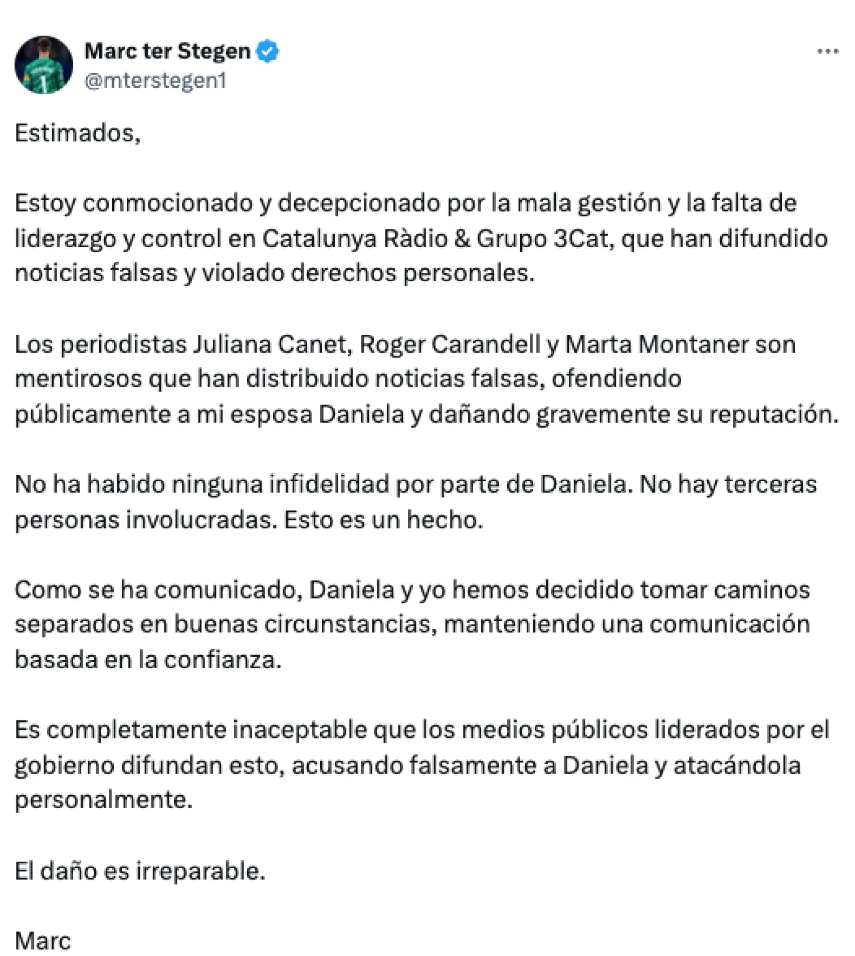Ter Stegen estalla contra varios periodistas de Catalunya Radio
