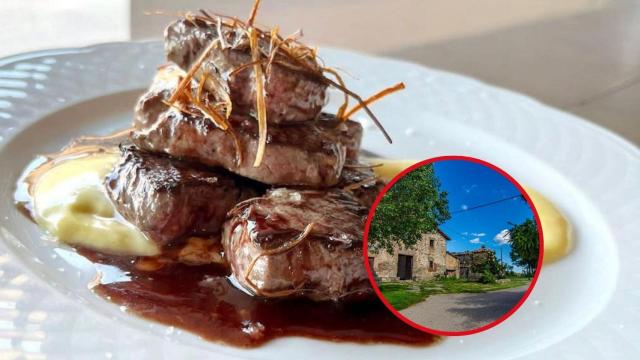 Fotomontaje de un plato de Ca la Cinta y pueblo de Sant Agustí de Lluçanès