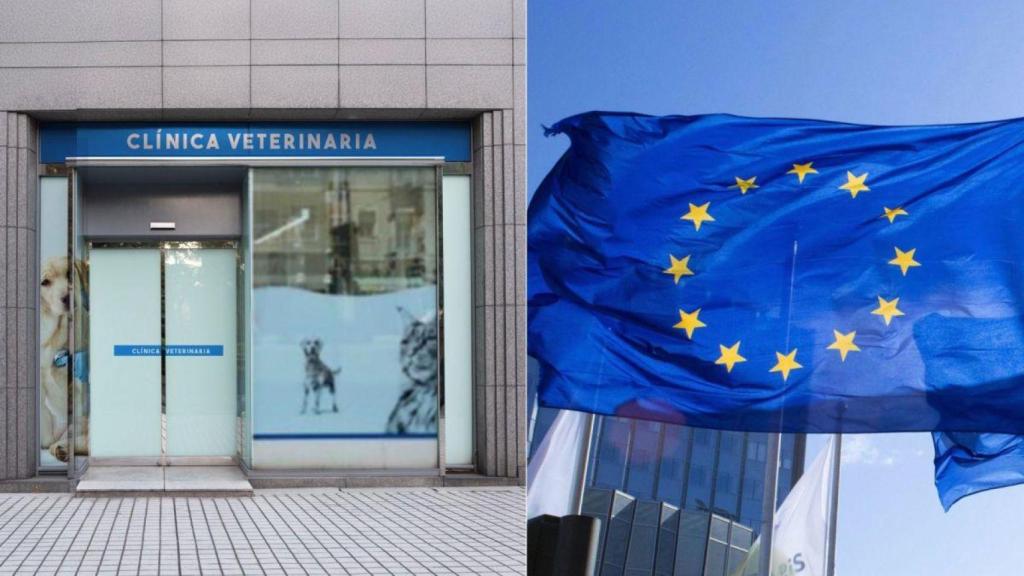Fotomontaje de una clínica veterinaria y la bandera de Europa