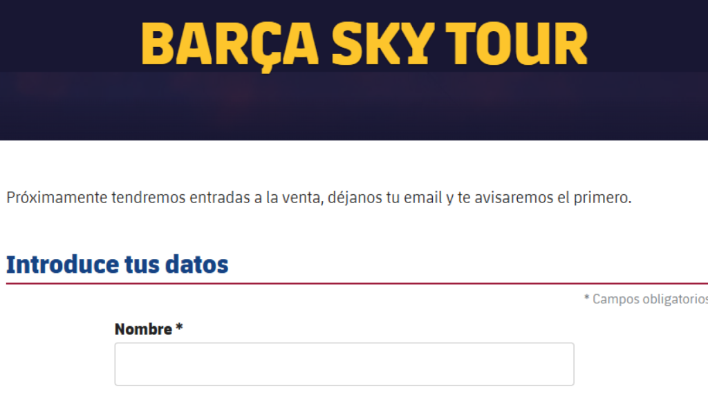 Formulario de reserva del Barça Sky Tour
