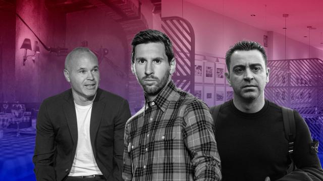 Andrés Iniesta, Leo Messi y Xavi Hernández, en un montaje con los restaurantes Can Ferran y La Bonaigua