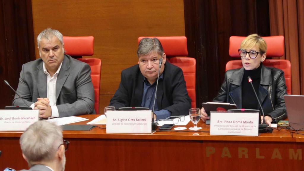 Imatge d'arxiu de Jordi Borda (Catalunya Ràdio), Sigfrid Gras (TV3) i Rosa Romà (CCMA)