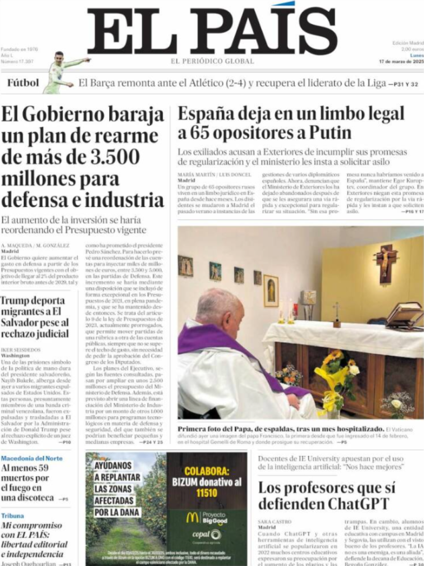 Portada de 'El País' del 17 de marzo del 2025