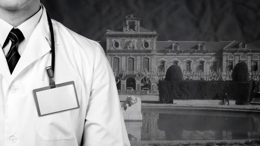 Imagen de un fotomontaje con la imagen del Parlament de Cataluña y una bata de médico