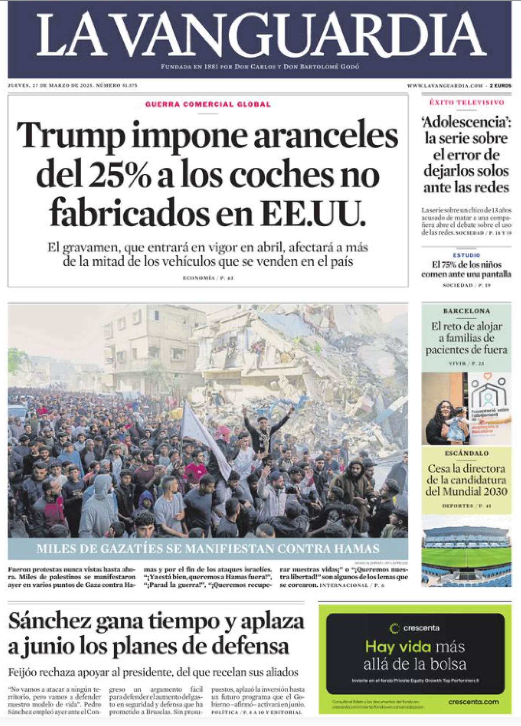 Portada de La Vanguardia 27 marzo 2025