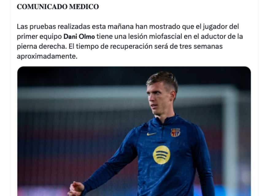 Tuit del Barça sobre la lesión de Dani Olmo